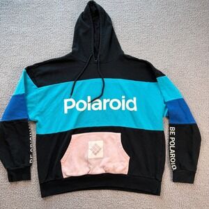Polaroid Colorblock Hoodie Mens XL Black Teal Blue Graphic Sweatshirt Streetware